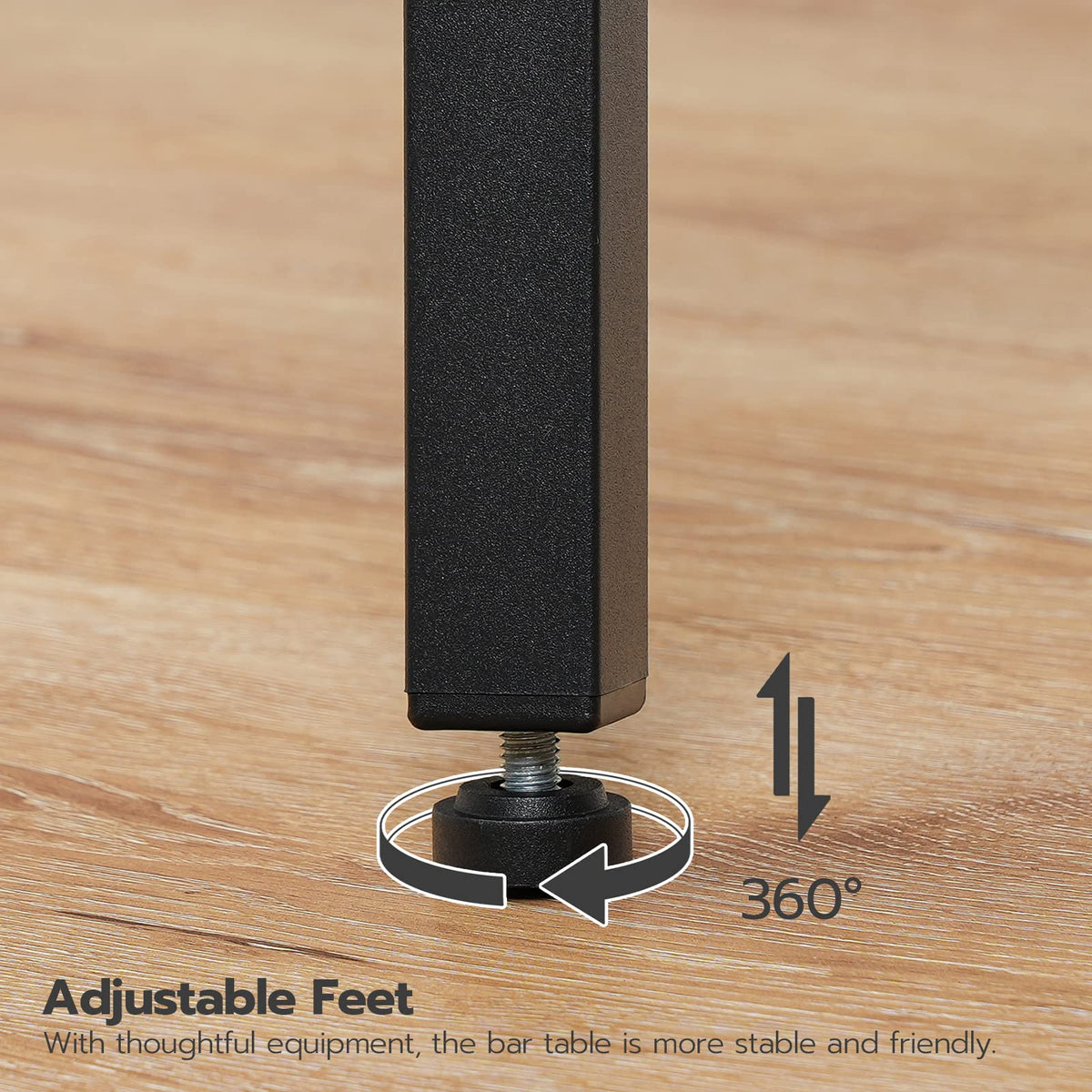 Technical diagram of the 360-degree rotating adjustable leveling feet pegs showing floor scratch protection.