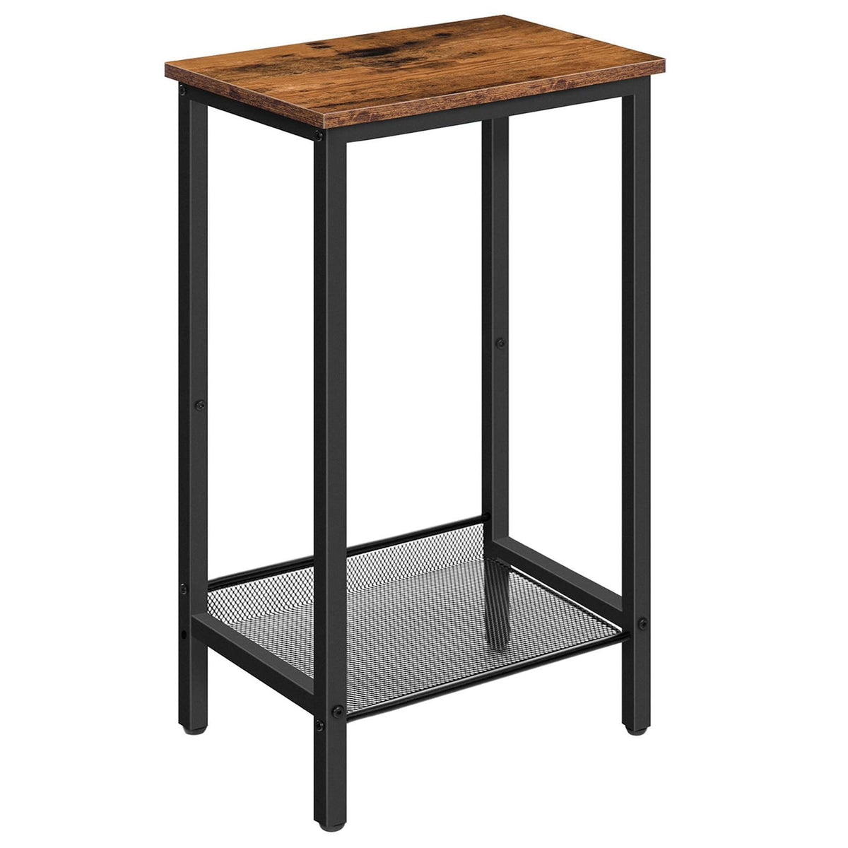 Small wooden table with black metal frame on a white background