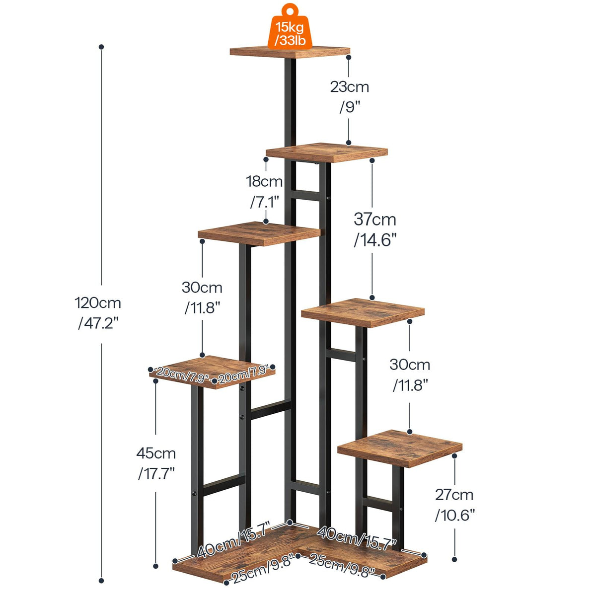 Wooden shelf with dimensions labeled on a white background