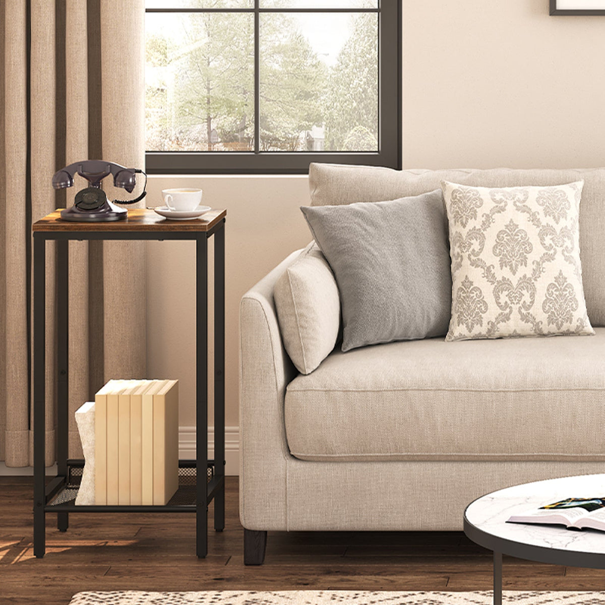Beige sofa with decorative pillows in a living room setting