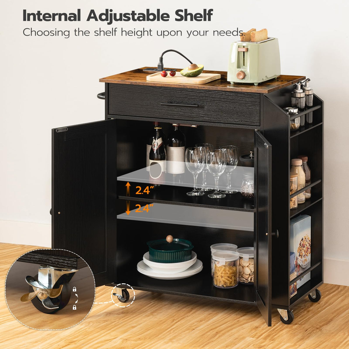 HOOBRO Kitchen Island on Wheels, Rolling Kitchen Island Storage Trolley with Spice Rack and Drawer, with Power Outlet, Utility Serving Cart, for Home, Dining Room, Rustic Brown and Black EBF82KZD01G1