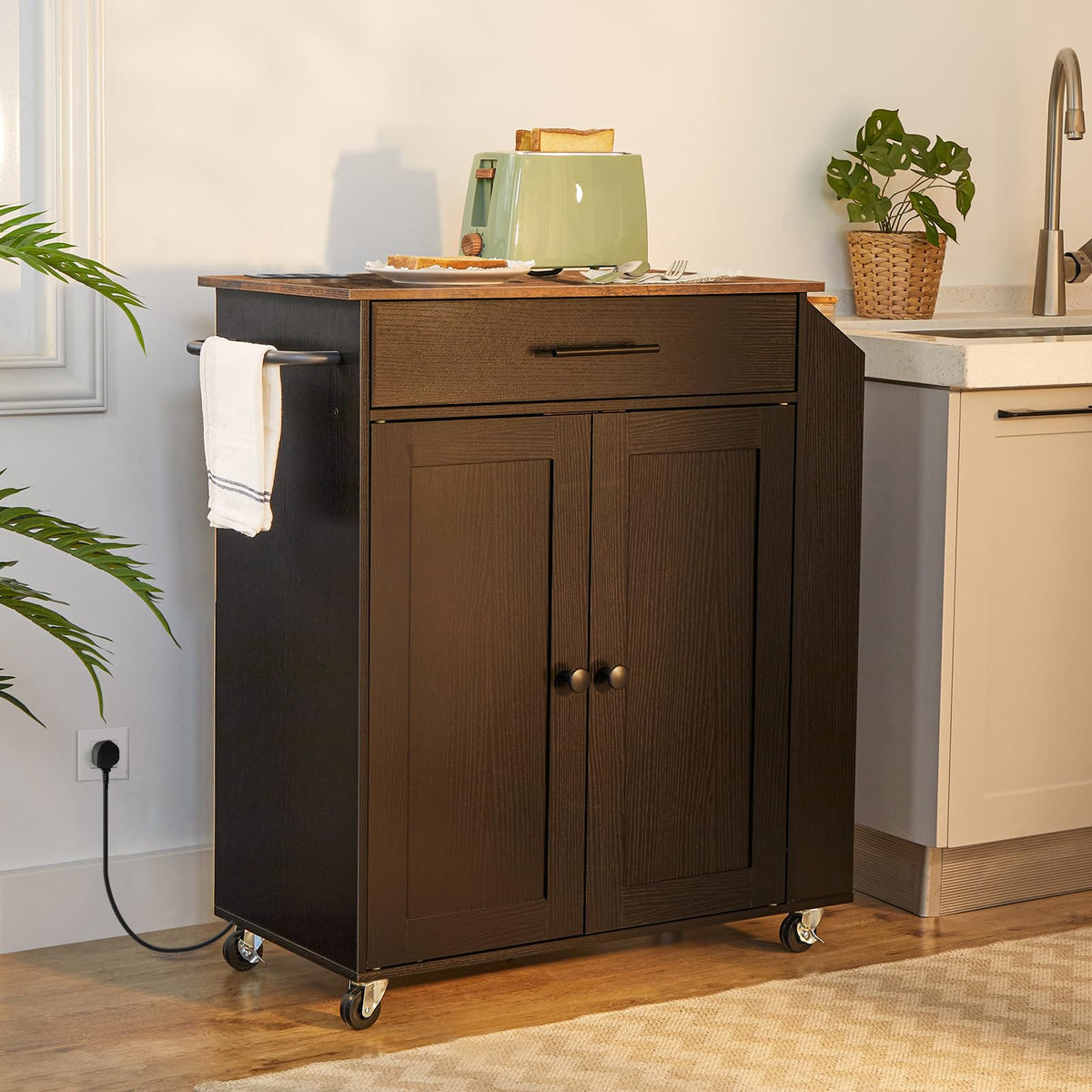 HOOBRO Kitchen Island on Wheels, Rolling Kitchen Island Storage Trolley with Spice Rack and Drawer, with Power Outlet, Utility Serving Cart, for Home, Dining Room, Rustic Brown and Black EBF82KZD01G1