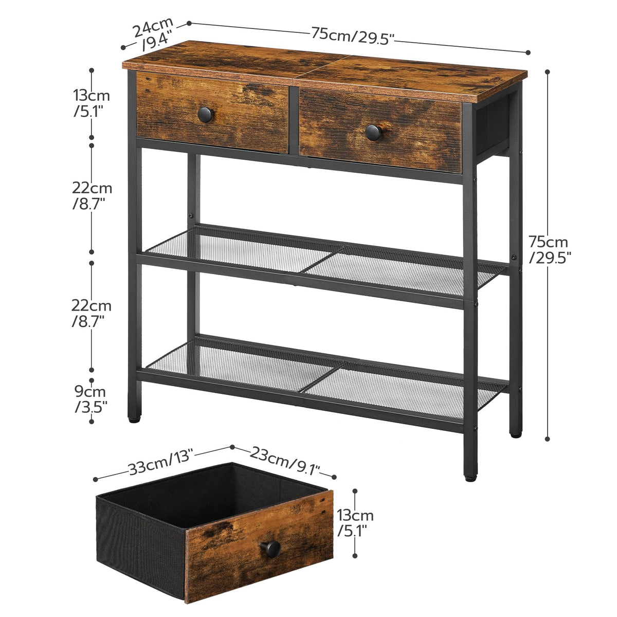 Wooden console table with metal shelves and dimensions on a white background