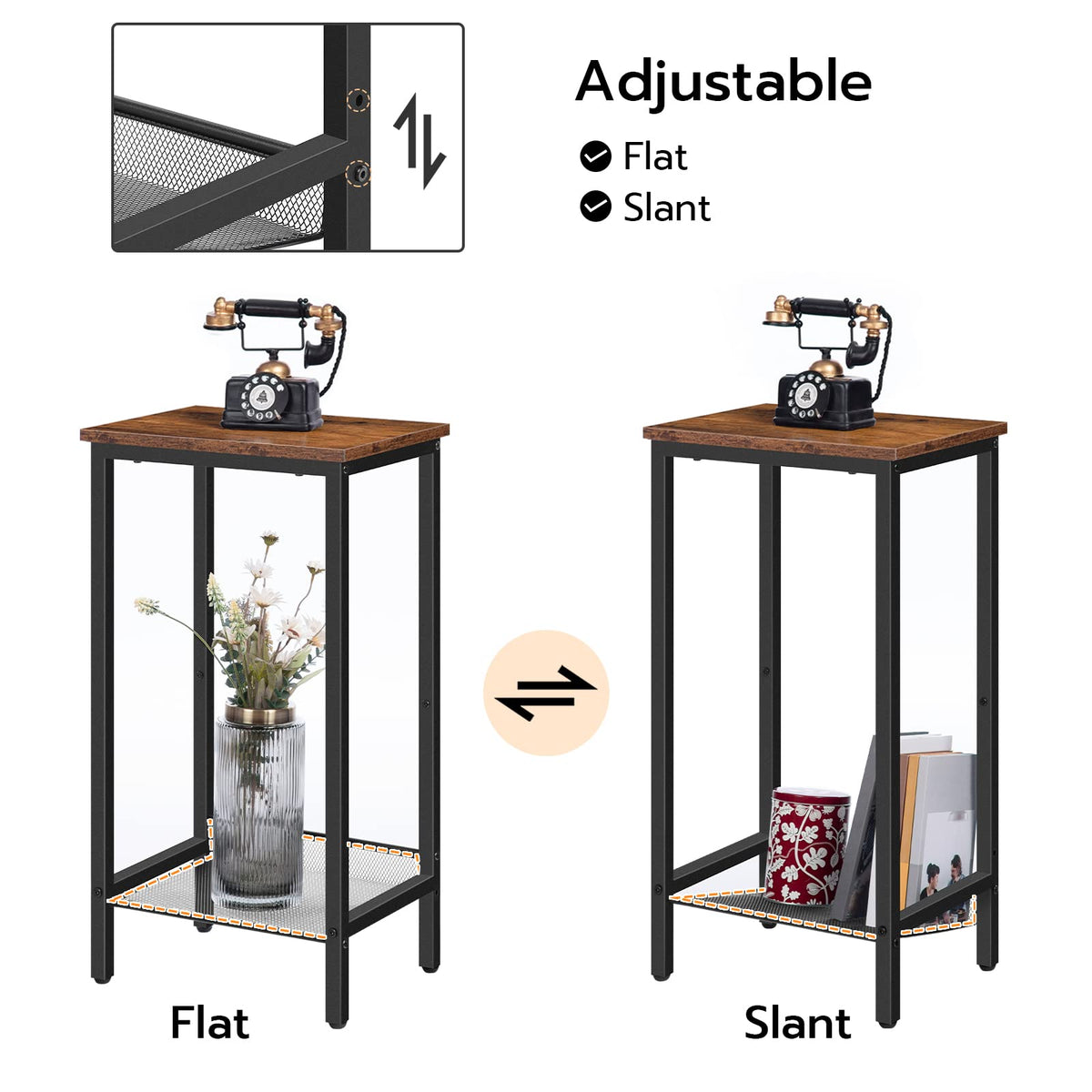 Small table with adjustable flat and slant positions, featuring a vintage phone and decorative items.