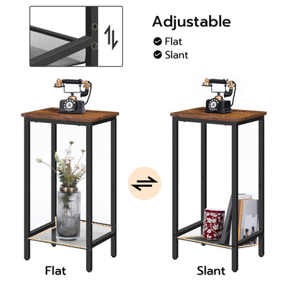 Small table with adjustable flat and slant positions, featuring a vintage phone and decorative items.