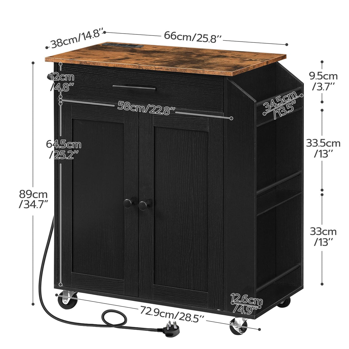 HOOBRO Kitchen Island on Wheels, Rolling Kitchen Island Storage Trolley with Spice Rack and Drawer, with Power Outlet, Utility Serving Cart, for Home, Dining Room, Rustic Brown and Black EBF82KZD01G1