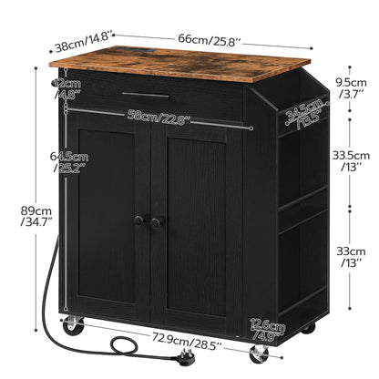 HOOBRO Kitchen Island on Wheels, Rolling Kitchen Island Storage Trolley with Spice Rack and Drawer, with Power Outlet, Utility Serving Cart, for Home, Dining Room, Rustic Brown and Black EBF82KZD01G1