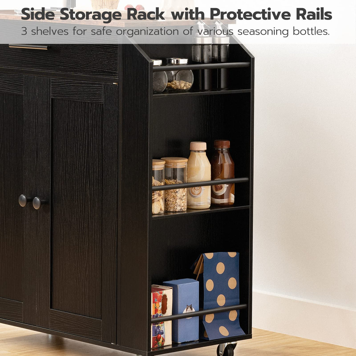 HOOBRO Kitchen Island on Wheels, Rolling Kitchen Island Storage Trolley with Spice Rack and Drawer, with Power Outlet, Utility Serving Cart, for Home, Dining Room, Rustic Brown and Black EBF82KZD01G1