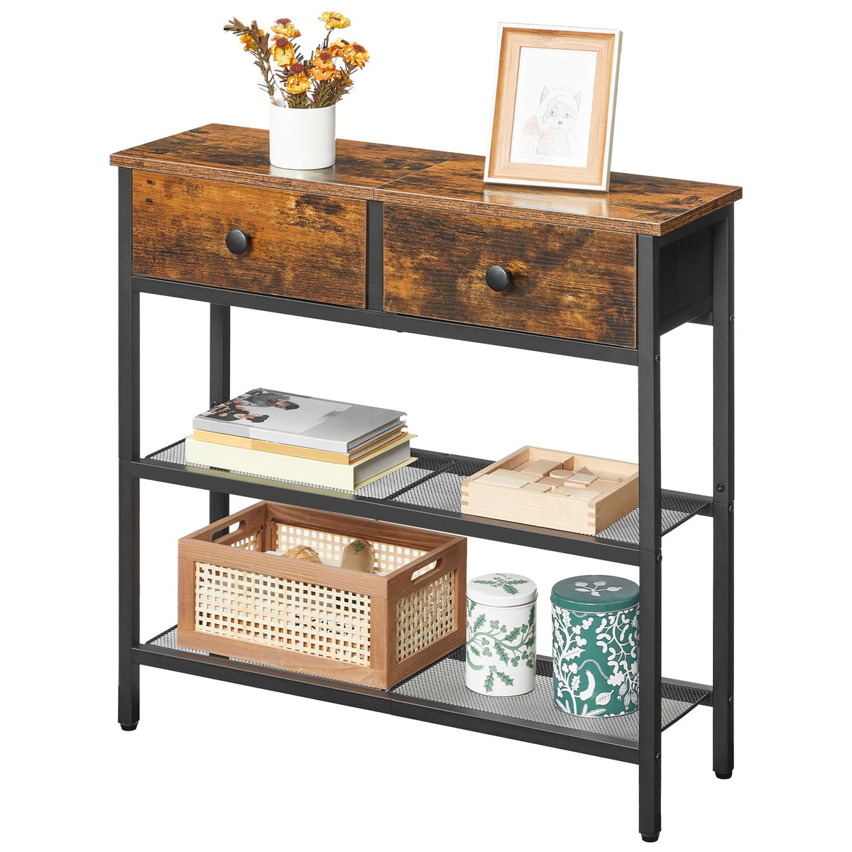 Wooden console table with two drawers, a top shelf, and a bottom shelf on a white background.