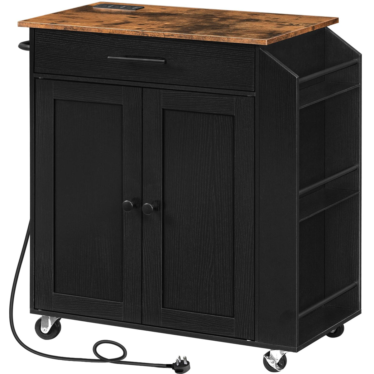 HOOBRO Kitchen Island on Wheels, Rolling Kitchen Island Storage Trolley with Spice Rack and Drawer, with Power Outlet, Utility Serving Cart, for Home, Dining Room, Rustic Brown and Black EBF82KZD01G1