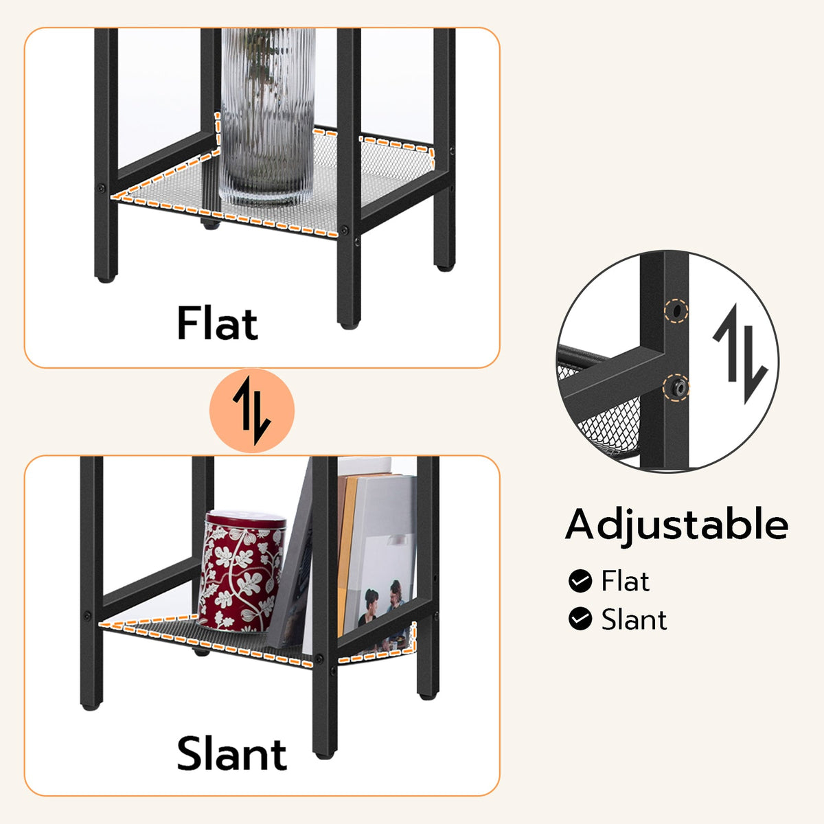 Adjustable shelving unit with flat and slant positions, featuring a vase and photo frame.