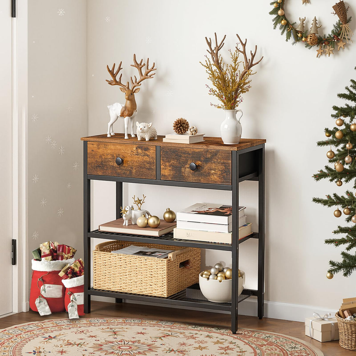 Decorative console table with festive items in a home setting