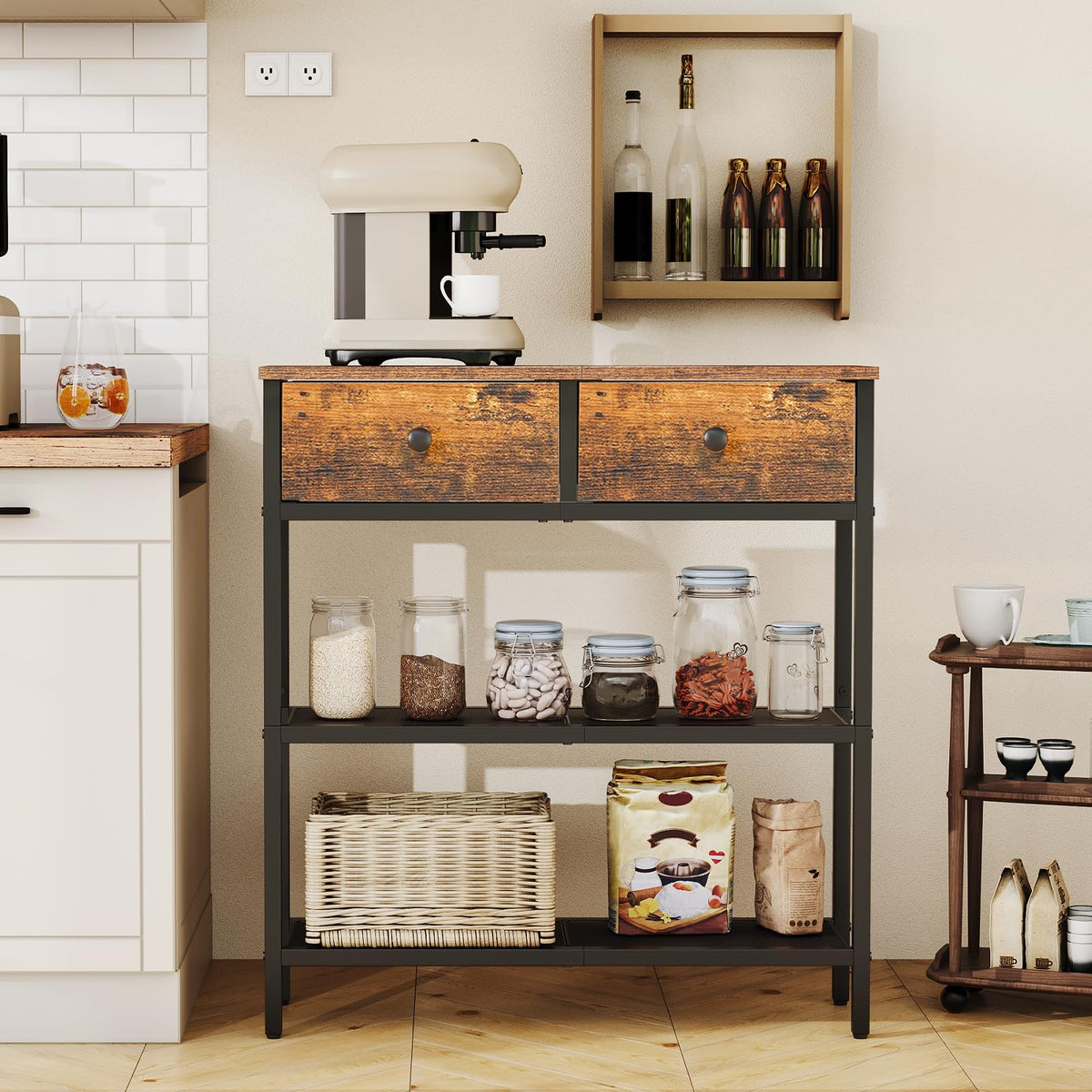Kitchen island with storage drawers and shelves, featuring kitchen items.
