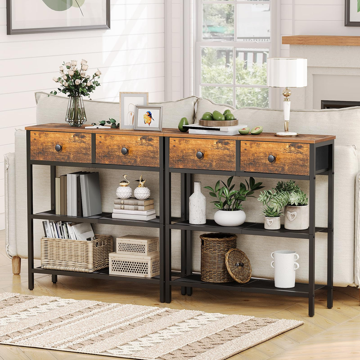 Wooden console table with shelves in a living room setting