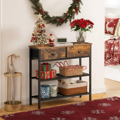 Decorative console table with Christmas decorations in a room.
