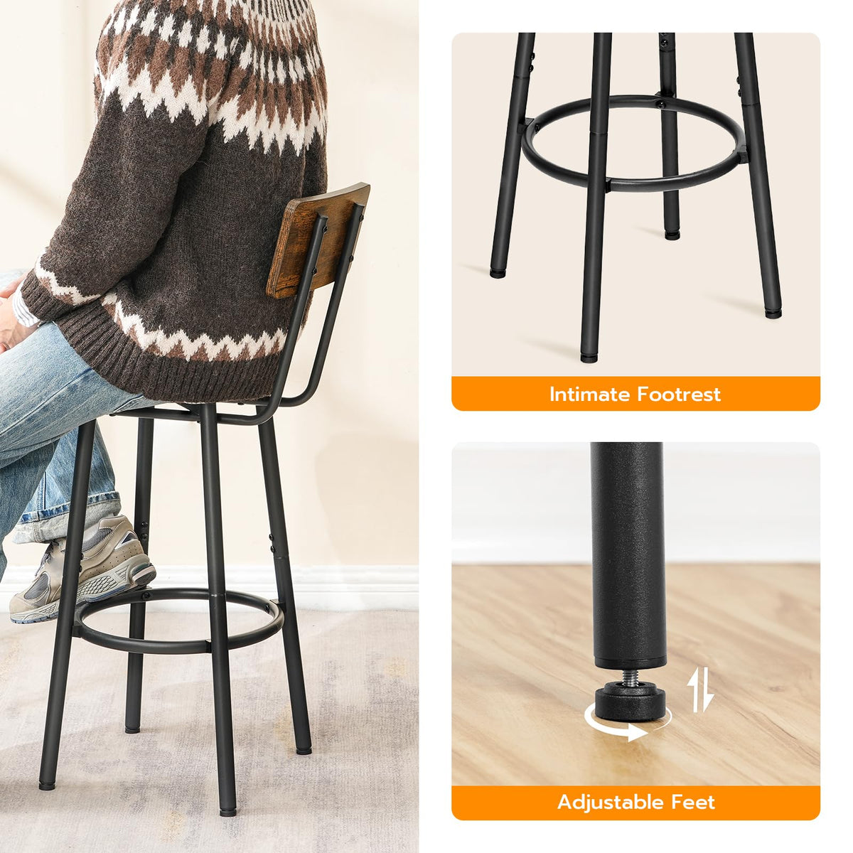 HOOBRO Round Bar Stools with Backrest / 2PICS