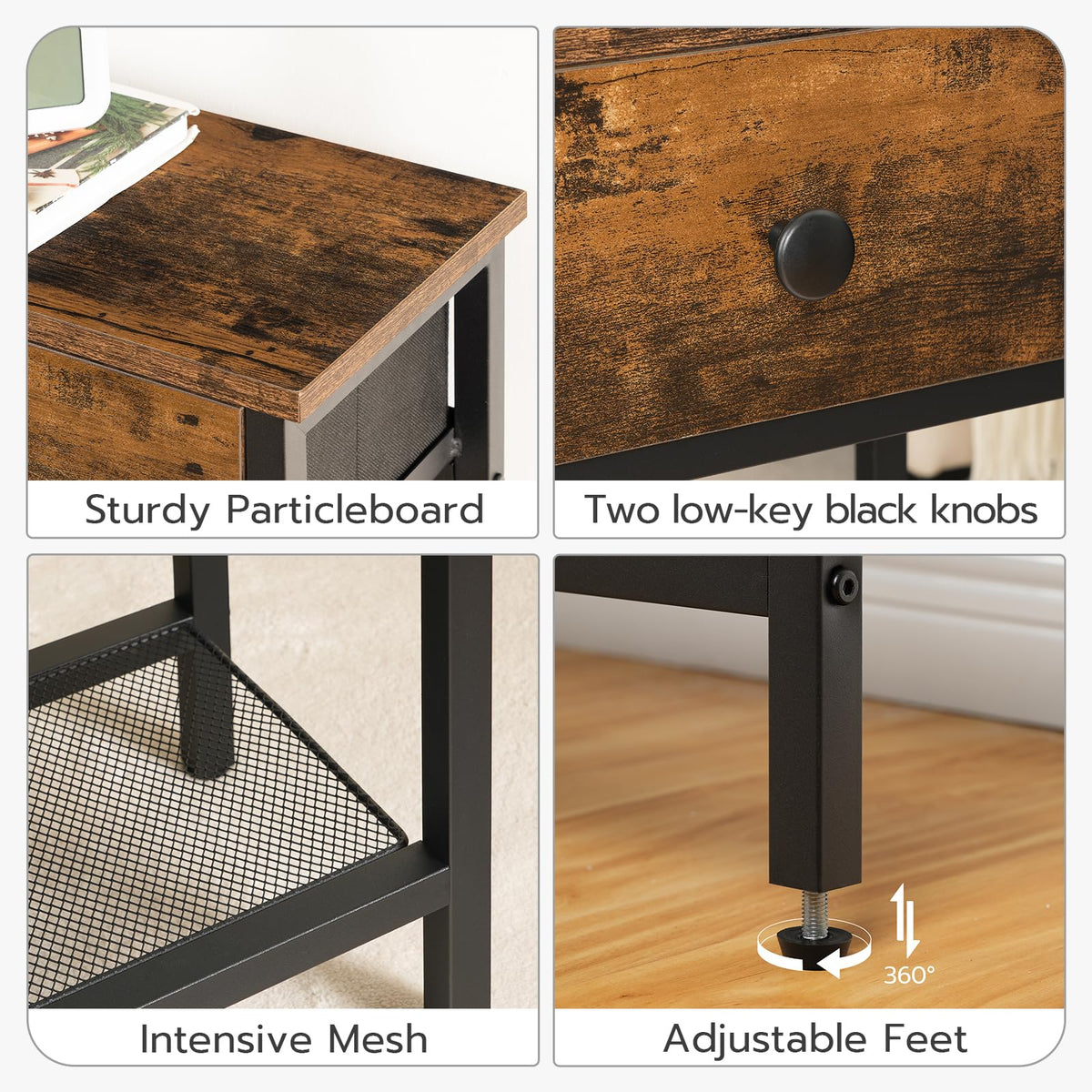 Collage of a wooden desk with particleboard surface, black knobs, mesh side panel, and adjustable feet.