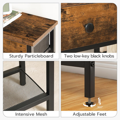 Collage of a wooden desk with particleboard surface, black knobs, mesh side panel, and adjustable feet.