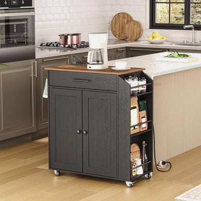HOOBRO Kitchen Island on Wheels, Rolling Kitchen Island Storage Trolley with Spice Rack and Drawer, with Power Outlet, Utility Serving Cart, for Home, Dining Room, Rustic Brown and Black EBF82KZD01G1