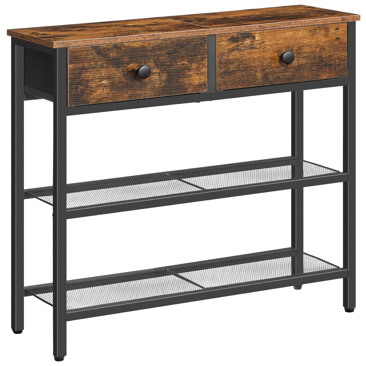 Wooden console table with metal frame and drawers on a white background