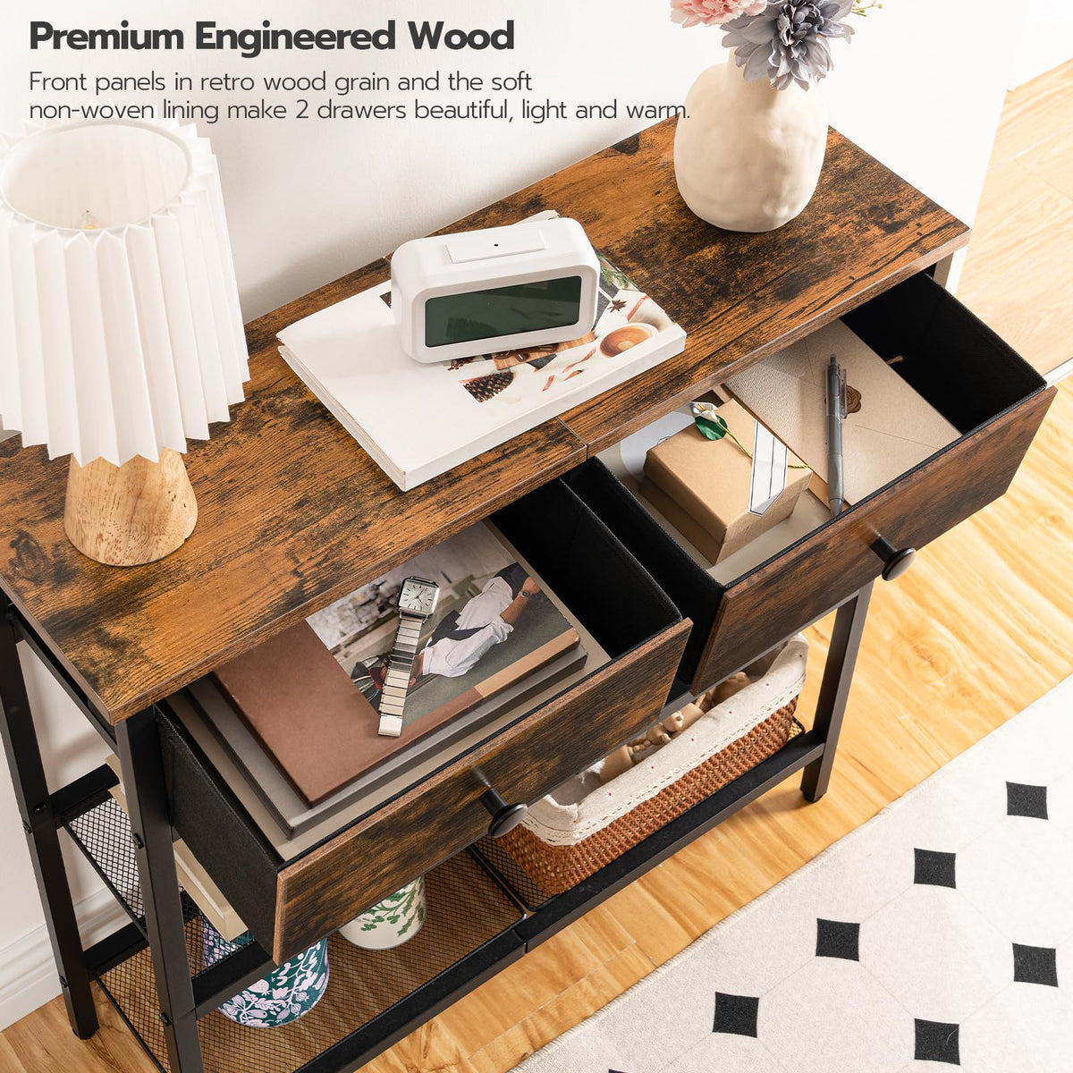 Wooden desk with drawers and a lamp in a home office setting