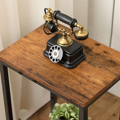 Vintage-style phone on a wooden table with a neutral background