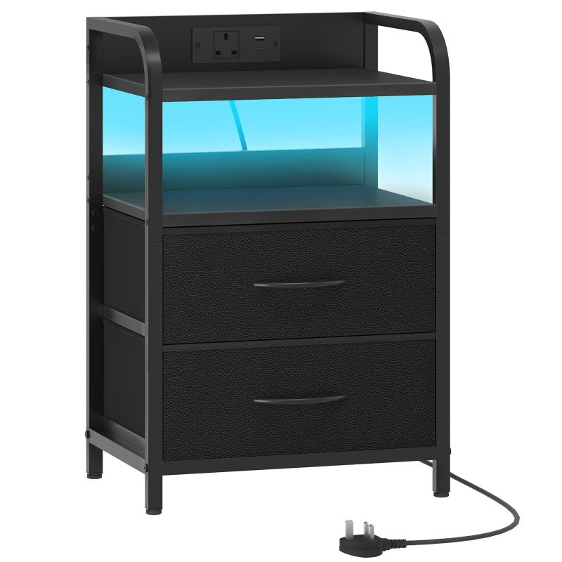 HOOBRO Bedside Table, Nightstand with Charging Station and LED Lights, Side Table with 2 Drawers and 2 Open Shelves, Metal Frame, for Living Room, Bedroom, Study