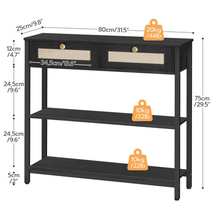 HOOBRO Rattan-Like Black Console Table, 3-Tier Hallway Table with 2 Flip-Down Drawers and Storage Shelves, 80 cm, Open and Hidden Storage Space, Woven Decoration