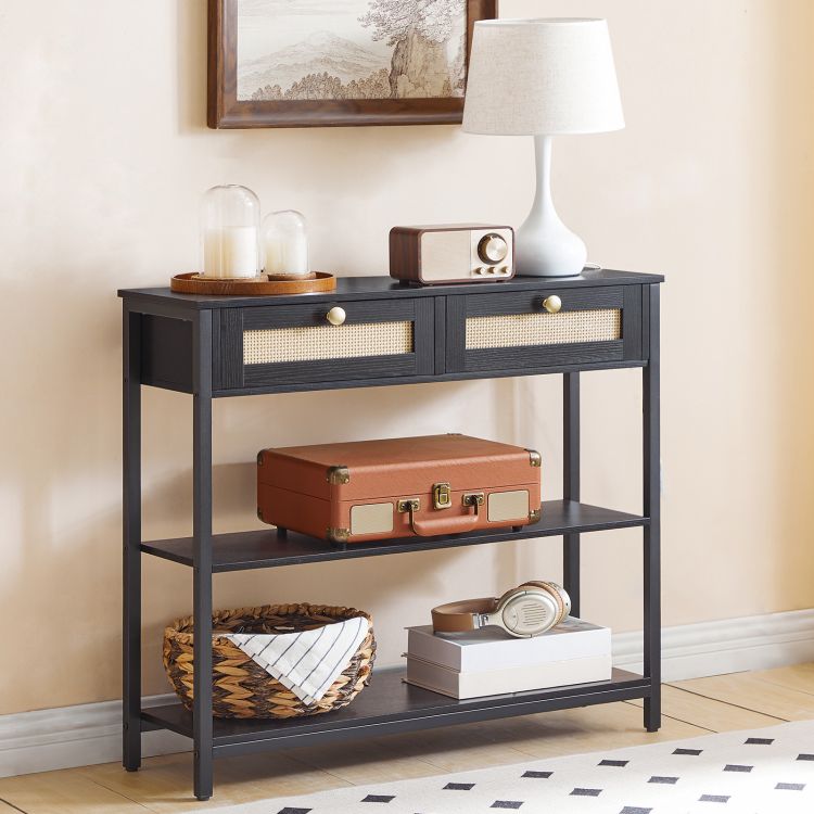 HOOBRO Rattan-Like Black Console Table, 3-Tier Hallway Table with 2 Flip-Down Drawers and Storage Shelves, 80 cm, Open and Hidden Storage Space, Woven Decoration