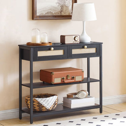 HOOBRO Rattan-Like Black Console Table, 3-Tier Hallway Table with 2 Flip-Down Drawers and Storage Shelves, 80 cm, Open and Hidden Storage Space, Woven Decoration