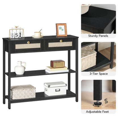 HOOBRO Rattan-Like Black Console Table, 3-Tier Hallway Table with 2 Flip-Down Drawers and Storage Shelves, 80 cm, Open and Hidden Storage Space, Woven Decoration