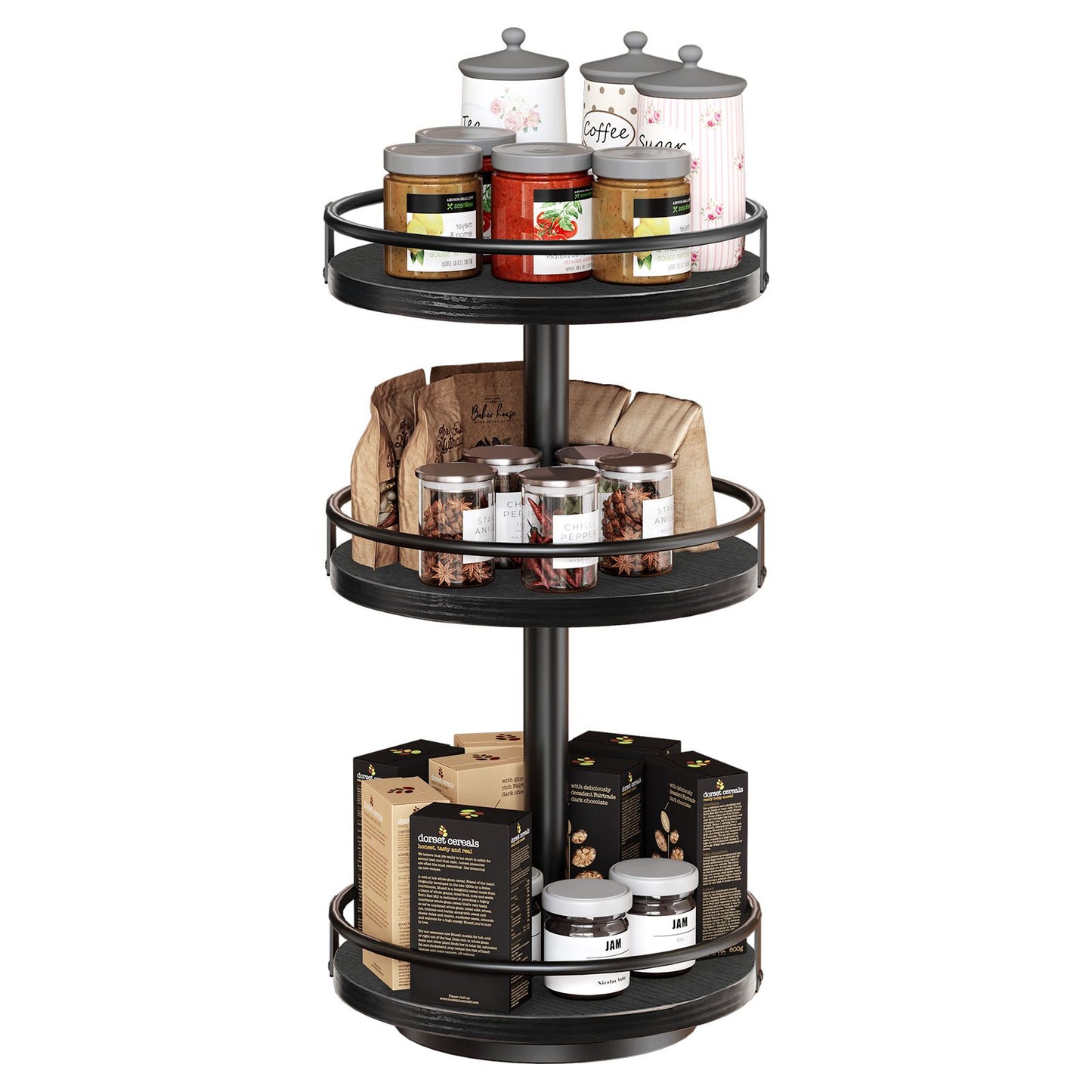 HOOBRO 3-Tier Rotating Spice Rack, Lazy Susan Organizer, Turntable Spice Rack, Vertical Storage Organizer, for Kitchen Countertop, Vanity, Dining Table, Black EBB09TL01