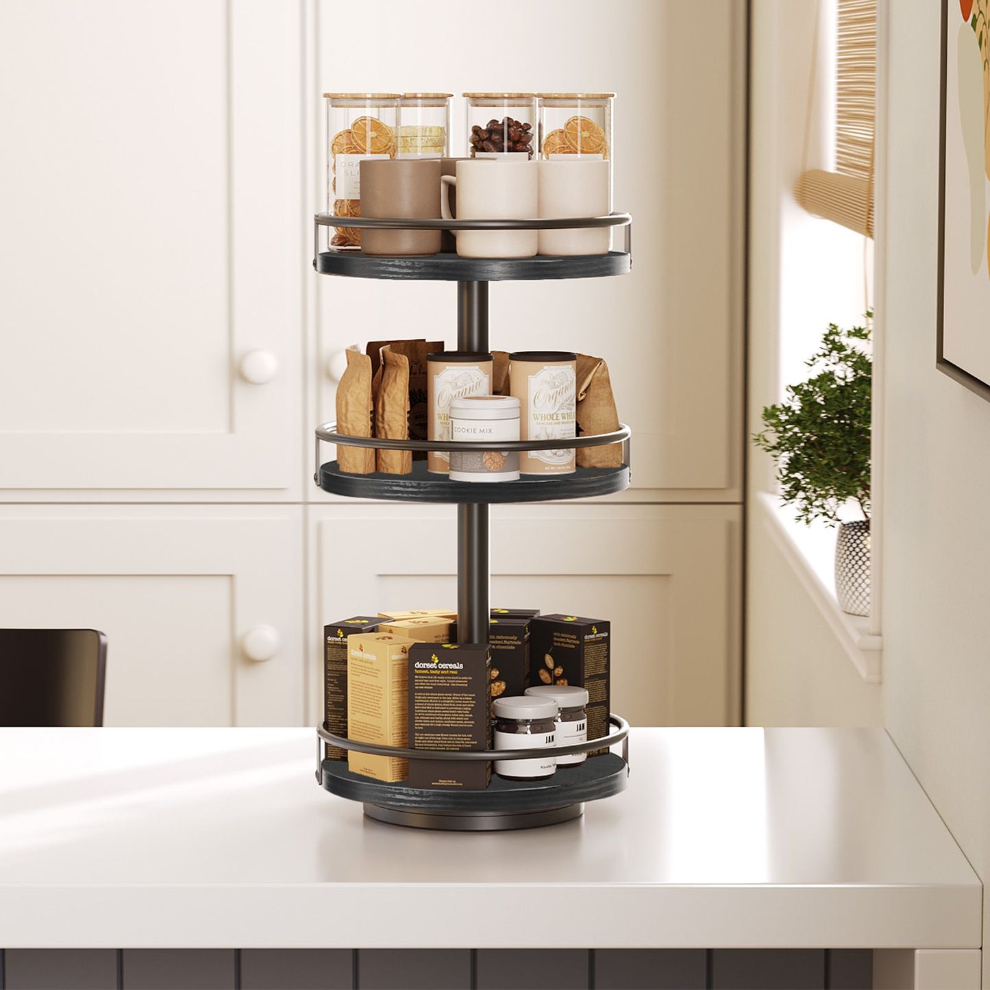 HOOBRO 3-Tier Rotating Spice Rack, Lazy Susan Organizer, Turntable Spice Rack, Vertical Storage Organizer, for Kitchen Countertop, Vanity, Dining Table, Black EBB09TL01