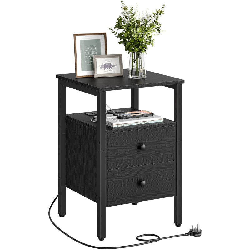 HOOBRO Bedside Table with Charging Station, Side Table with 2 Drawers, Wooden End Table with 2 USB Ports and 2 Sockets, Nightstand for Living Room, Bedroom