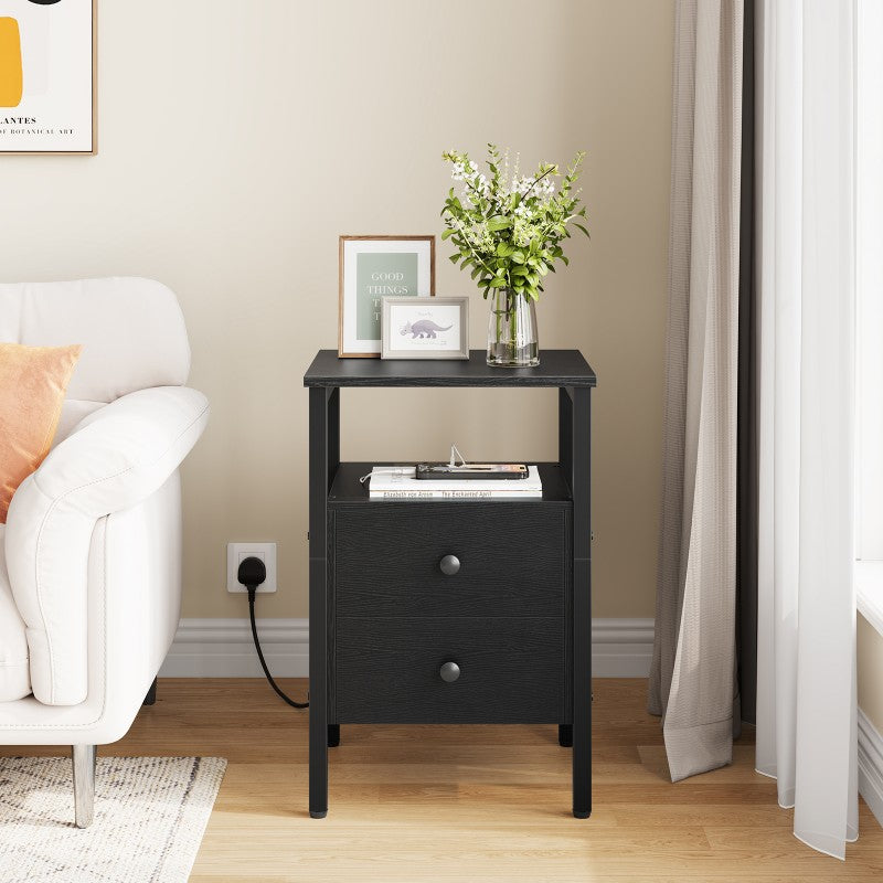 HOOBRO Bedside Table with Charging Station, Side Table with 2 Drawers, Wooden End Table with 2 USB Ports and 2 Sockets, Nightstand for Living Room, Bedroom