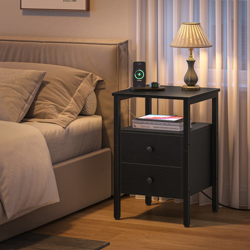 HOOBRO Bedside Table with Charging Station, Side Table with 2 Drawers, Wooden End Table with 2 USB Ports and 2 Sockets, Nightstand for Living Room, Bedroom