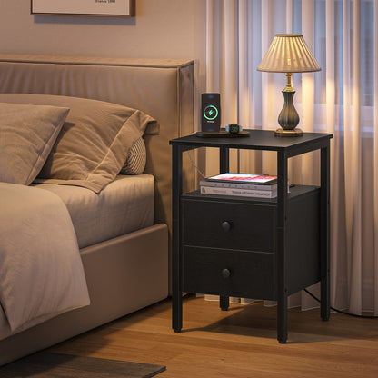 HOOBRO Bedside Table with Charging Station, Side Table with 2 Drawers, Wooden End Table with 2 USB Ports and 2 Sockets, Nightstand for Living Room, Bedroom