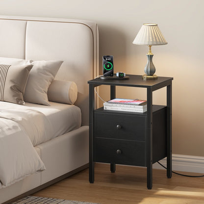 HOOBRO Bedside Table with Charging Station, Side Table with 2 Drawers, Wooden End Table with 2 USB Ports and 2 Sockets, Nightstand for Living Room, Bedroom