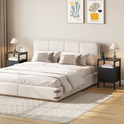 HOOBRO Bedside Table with Charging Station, Side Table with 2 Drawers, Wooden End Table with 2 USB Ports and 2 Sockets, Nightstand for Living Room, Bedroom