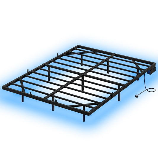 HOOBRO 4ft6 Double Bed Frame with Charging Station and LED Lights, 140 x 190 cm Floating Bed Frame with Heavy-Duty Metal Platform, No Box Springs Needed, Noise-Free