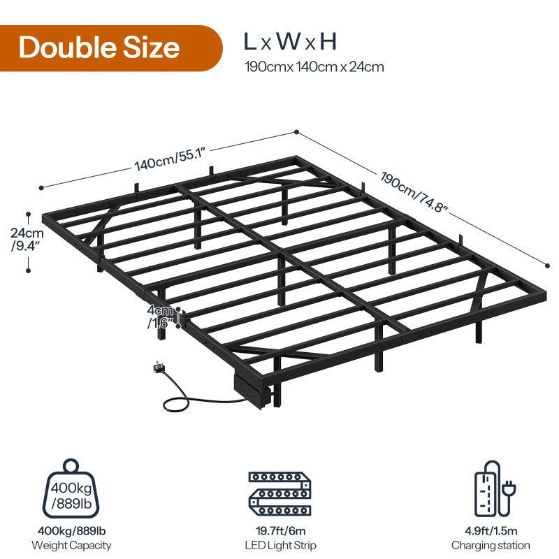 HOOBRO 4ft6 Double Bed Frame with Charging Station and LED Lights, 140 x 190 cm Floating Bed Frame with Heavy-Duty Metal Platform, No Box Springs Needed, Noise-Free