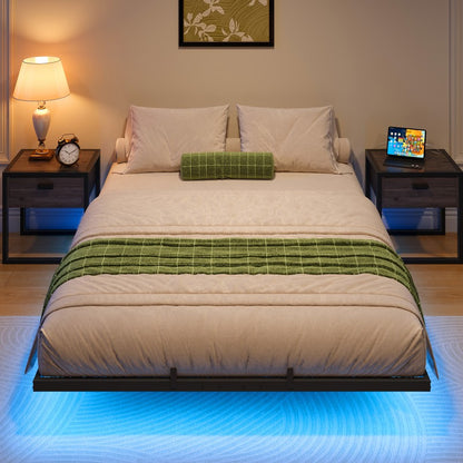 HOOBRO 4ft6 Double Bed Frame with Charging Station and LED Lights, 140 x 190 cm Floating Bed Frame with Heavy-Duty Metal Platform, No Box Springs Needed, Noise-Free