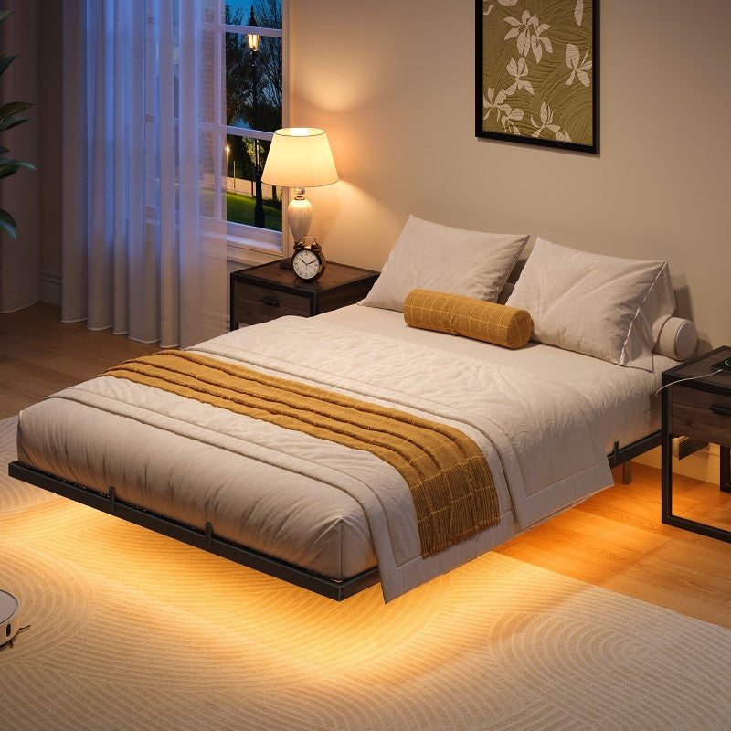 HOOBRO 4ft6 Double Bed Frame with Charging Station and LED Lights, 140 x 190 cm Floating Bed Frame with Heavy-Duty Metal Platform, No Box Springs Needed, Noise-Free