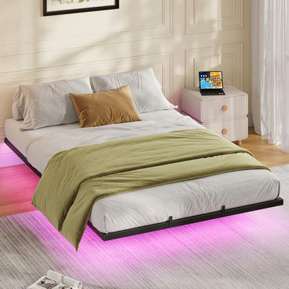 HOOBRO 4ft6 Double Bed Frame with Charging Station and LED Lights, 140 x 190 cm Floating Bed Frame with Heavy-Duty Metal Platform, No Box Springs Needed, Noise-Free