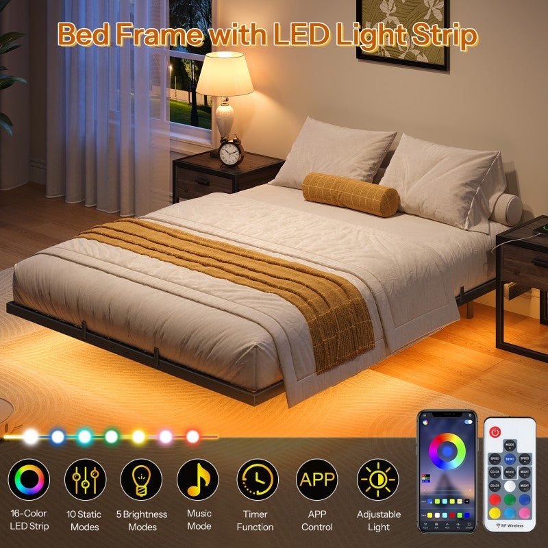 HOOBRO 4ft6 Double Bed Frame with Charging Station and LED Lights, 140 x 190 cm Floating Bed Frame with Heavy-Duty Metal Platform, No Box Springs Needed, Noise-Free