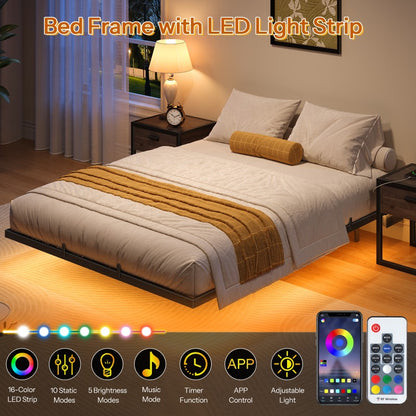 HOOBRO 4ft6 Double Bed Frame with Charging Station and LED Lights, 140 x 190 cm Floating Bed Frame with Heavy-Duty Metal Platform, No Box Springs Needed, Noise-Free