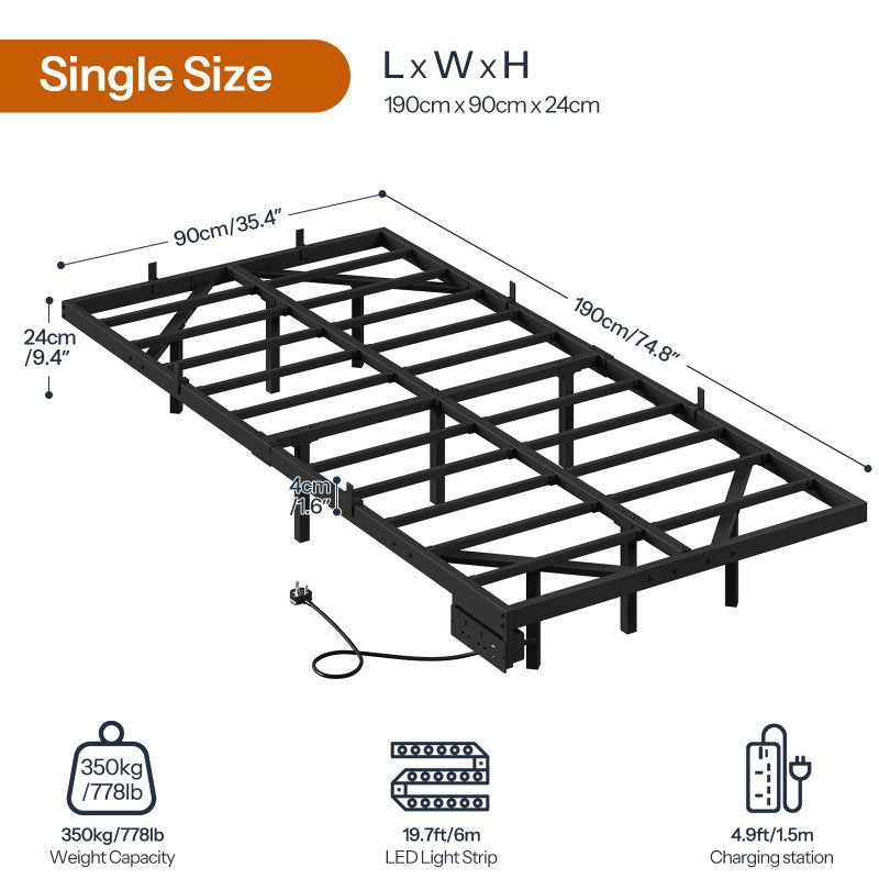 HOOBRO 3ft Single Bed Frame with Charging Station and LED Lights, 90 x 190 cm Floating Bed Frame with Heavy-Duty Metal Platform, No Box Springs Needed, Noise-Free