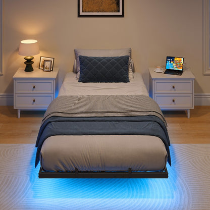 HOOBRO 3ft Single Bed Frame with Charging Station and LED Lights, 90 x 190 cm Floating Bed Frame with Heavy-Duty Metal Platform, No Box Springs Needed, Noise-Free