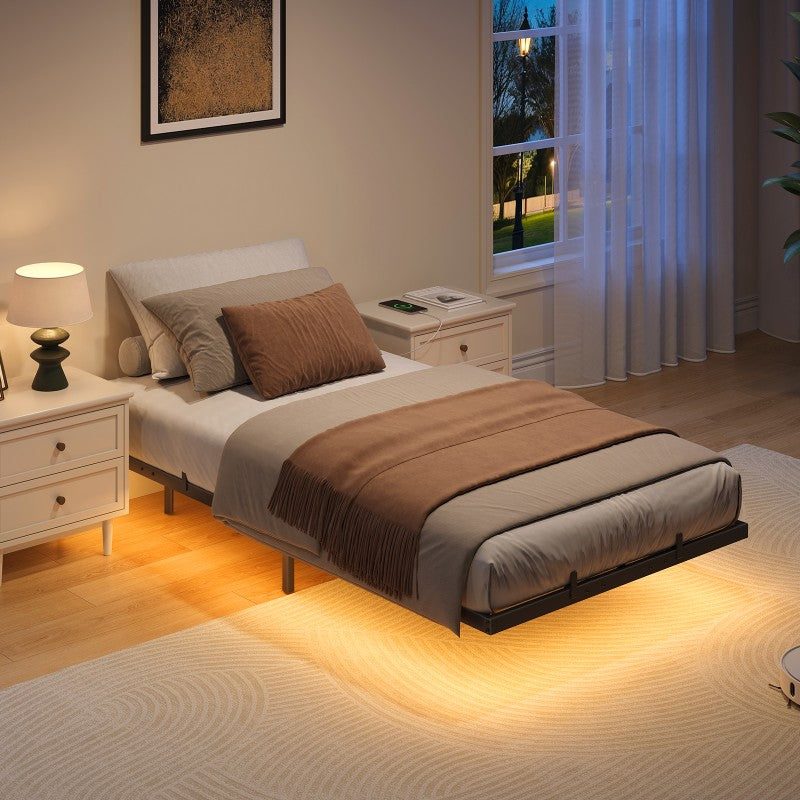 HOOBRO 3ft Single Bed Frame with Charging Station and LED Lights, 90 x 190 cm Floating Bed Frame with Heavy-Duty Metal Platform, No Box Springs Needed, Noise-Free