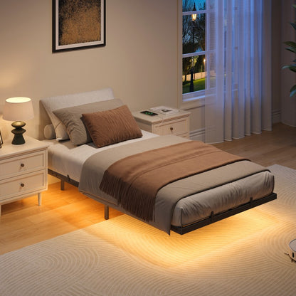 HOOBRO 3ft Single Bed Frame with Charging Station and LED Lights, 90 x 190 cm Floating Bed Frame with Heavy-Duty Metal Platform, No Box Springs Needed, Noise-Free